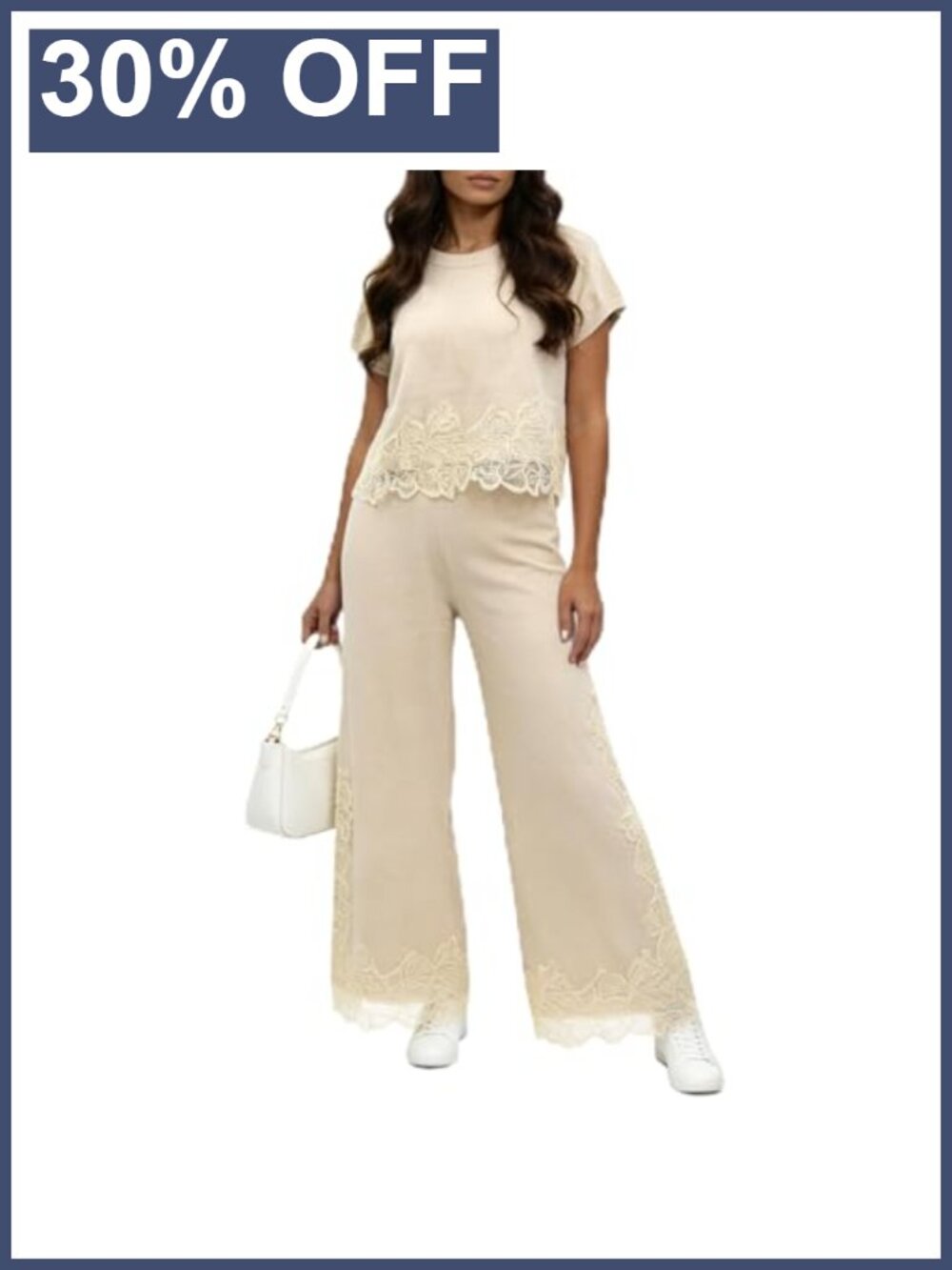 Lace Trim Short Sleeve Knit Top 2 Piece Pant Set Relaxed Travel Casual